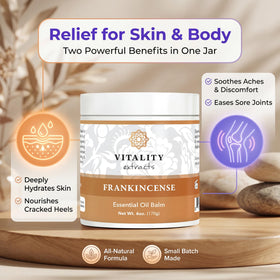 Vitality frankincense balm being applied to dry hands for immediate hydration benefit