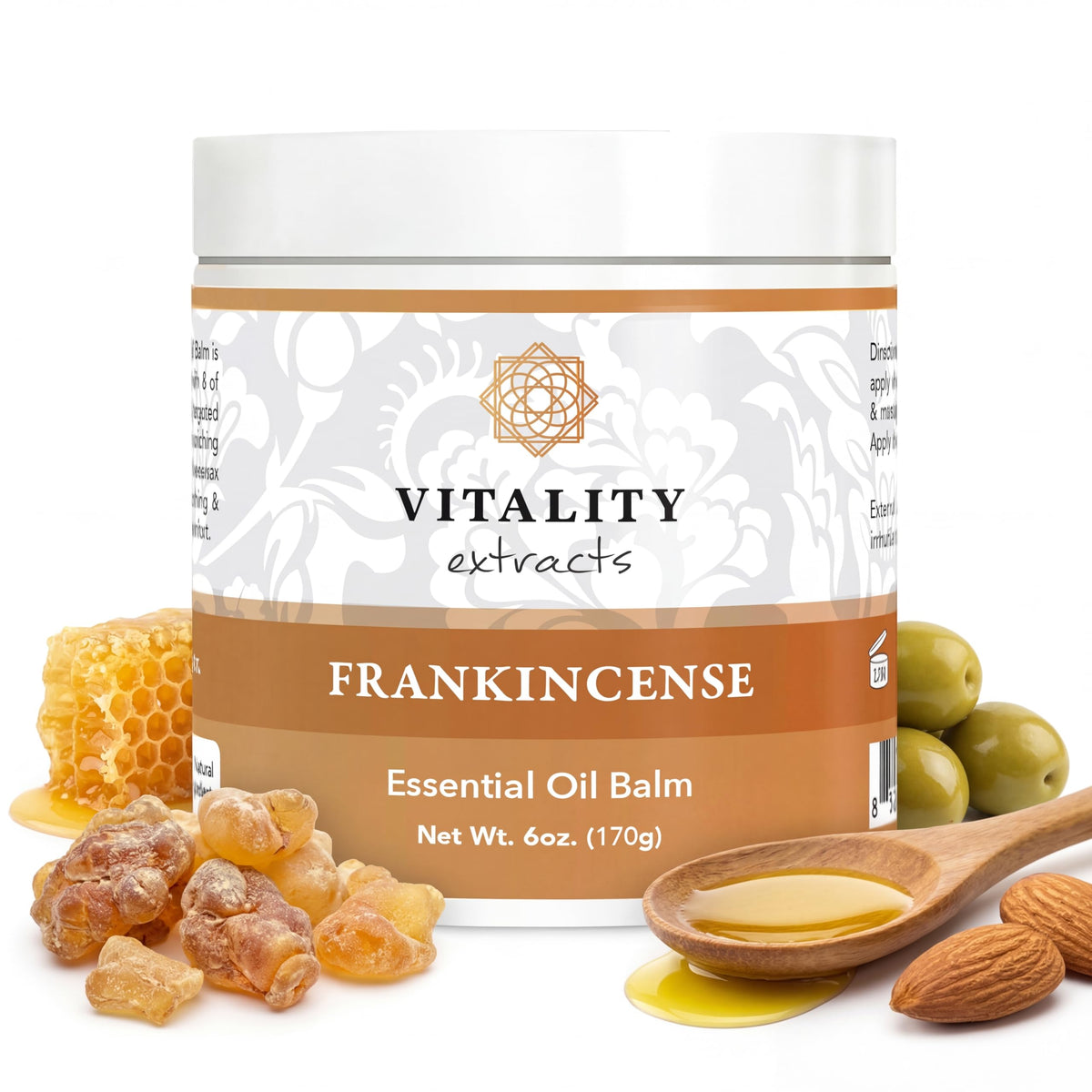 Vitality frankincense balm jar front view showing full 6oz size benefit
