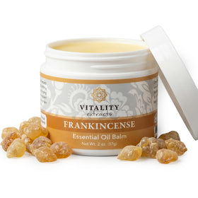 Vitality front tin of frankincense balm showing compact packaging and easy portability