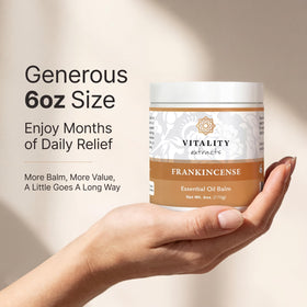Vitality frankincense balm ingredients flatlay with beeswax and oils to show natural composition benefit