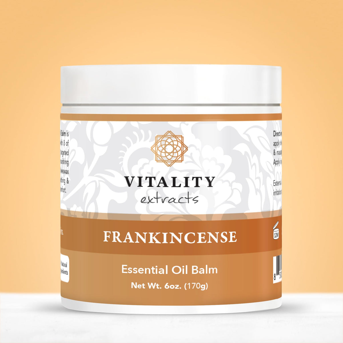 Vitality frankincense balm label closeup showing Boswellia and beeswax ingredient clarity benefit