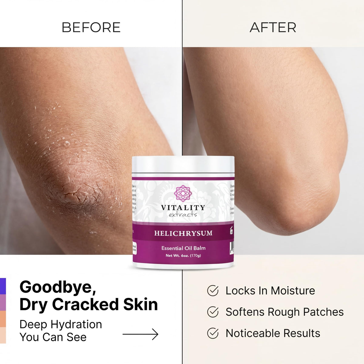 Person applying Vitality balm to hands demonstrating instant skin softening benefit