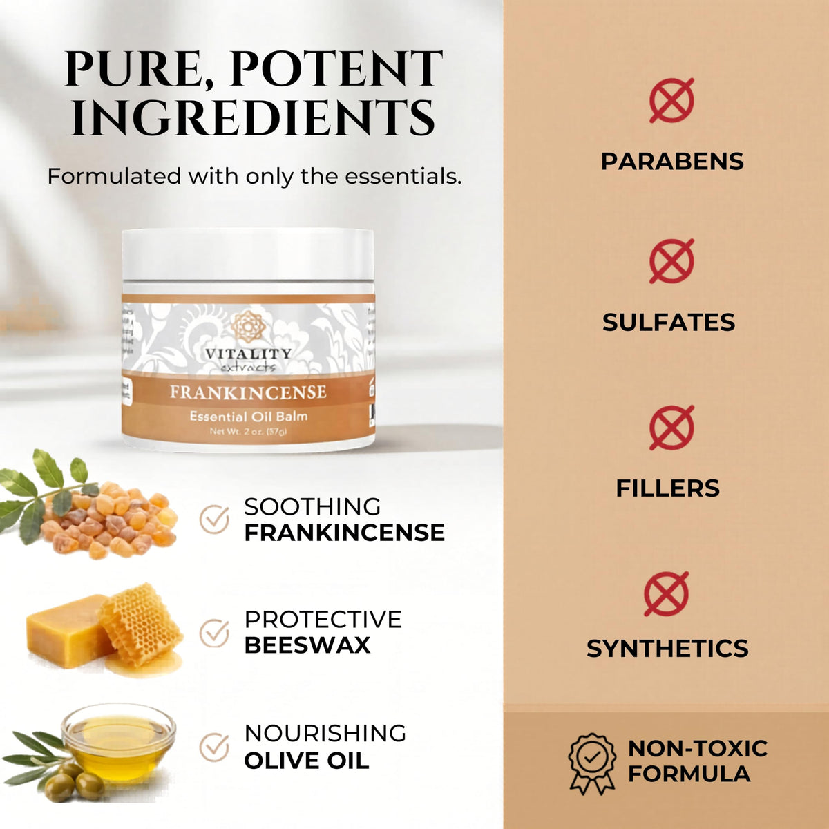 Vitality natural oils and beeswax staged to highlight botanical ingredients and purity