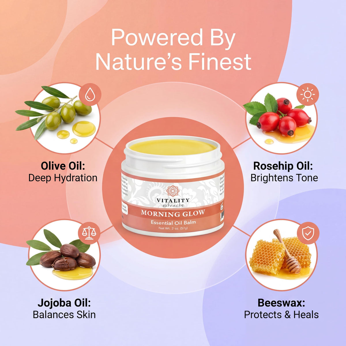 Vitality balm open close-up texture melting on fingertip for smooth application
