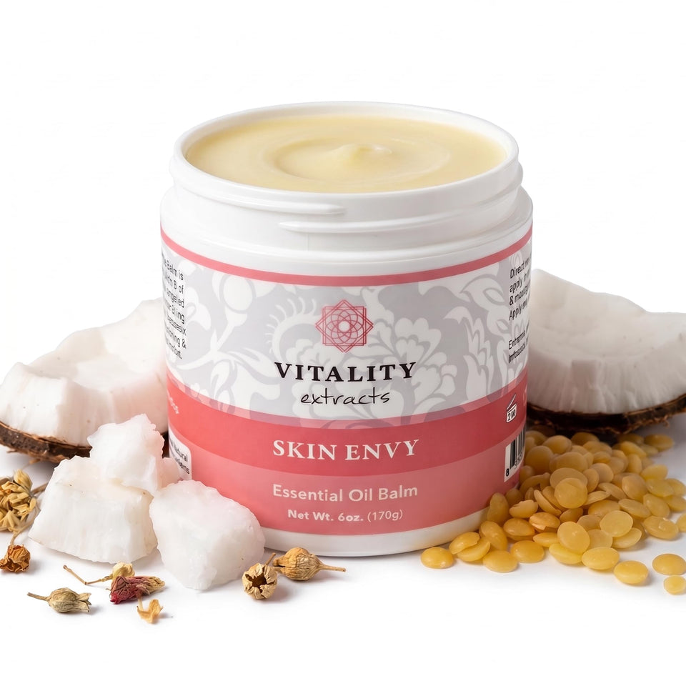 Vitality Skin Envy front jar showing 6oz balm and clear labeling for easy identification