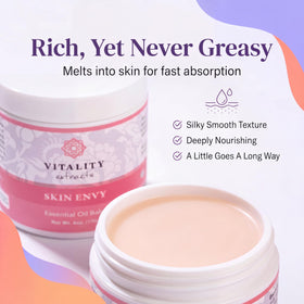 Vitality Skin Envy ingredients label highlighting botanical oils and beeswax benefits