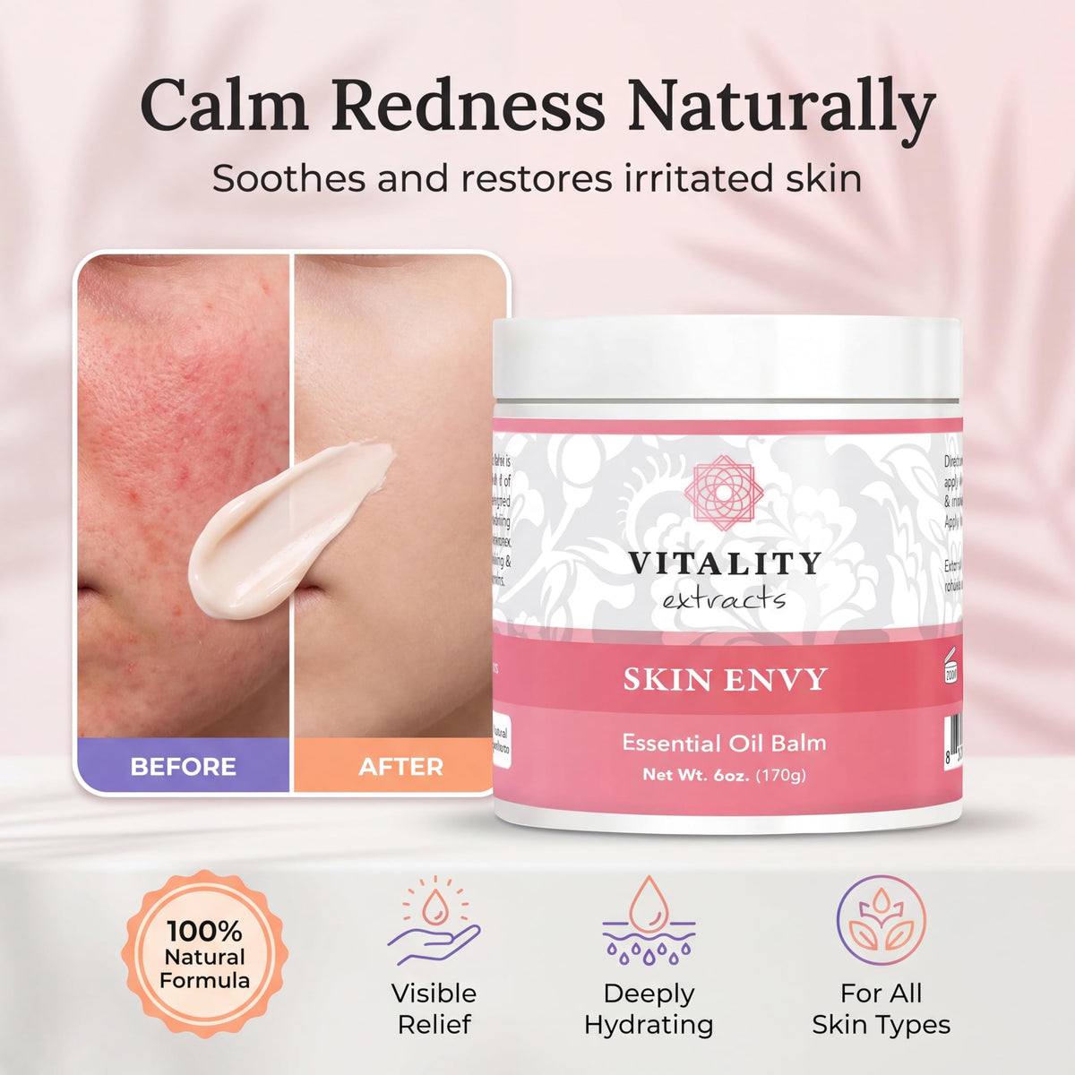 Vitality Skin Envy lifestyle bathroom scene showing natural balm in everyday self-care