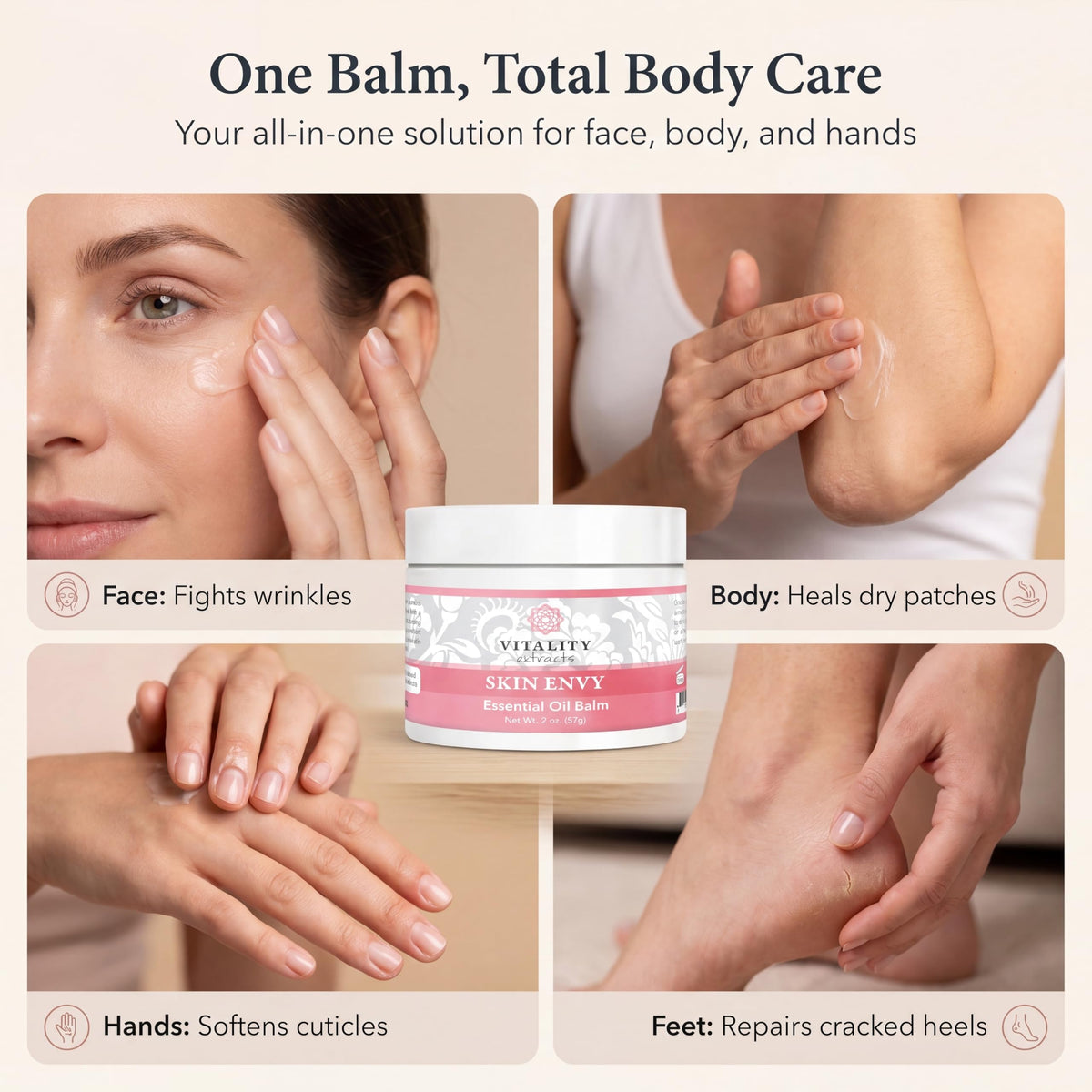 vitality open jar close-up of balm texture for smooth application benefit