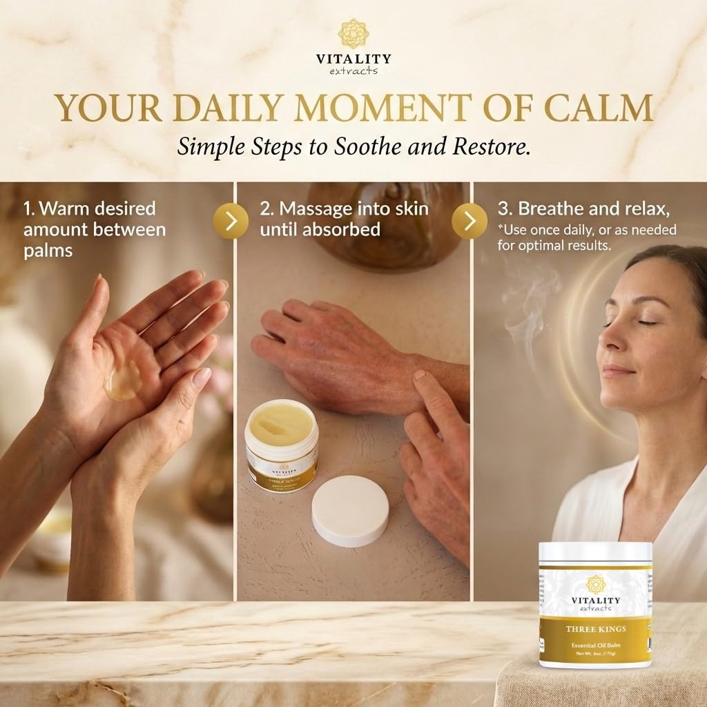 Vitality Three Kings Balm ingredients display with frankincense myrrh sandalwood benefits