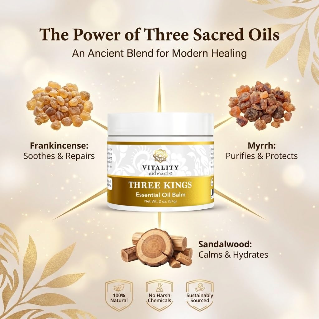 Vitality Three Kings balm applied to hand, showing quick absorption and immediate hydration benefit