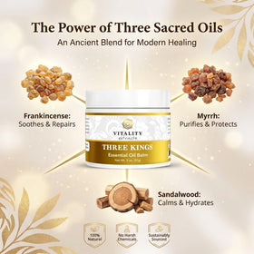Vitality Three Kings balm applied to hand, showing quick absorption and immediate hydration benefit