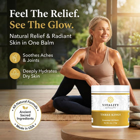 Vitality Three Kings Balm beside common object showing 6oz scale for size clarity