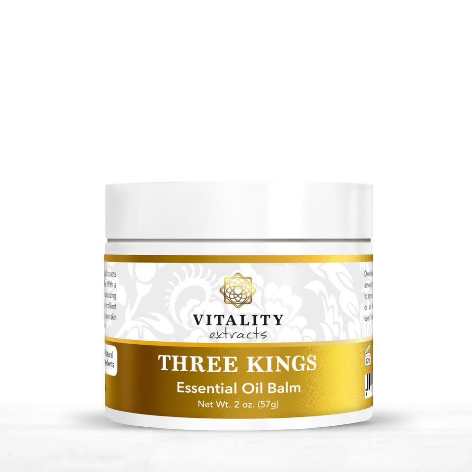 Vitality Three Kings front jar view showing full label and compact size, clear branding and benefit