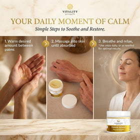 Vitality Three Kings frankincense myrrh sandalwood trio ingredients arranged, highlighting natural sourcing benefit