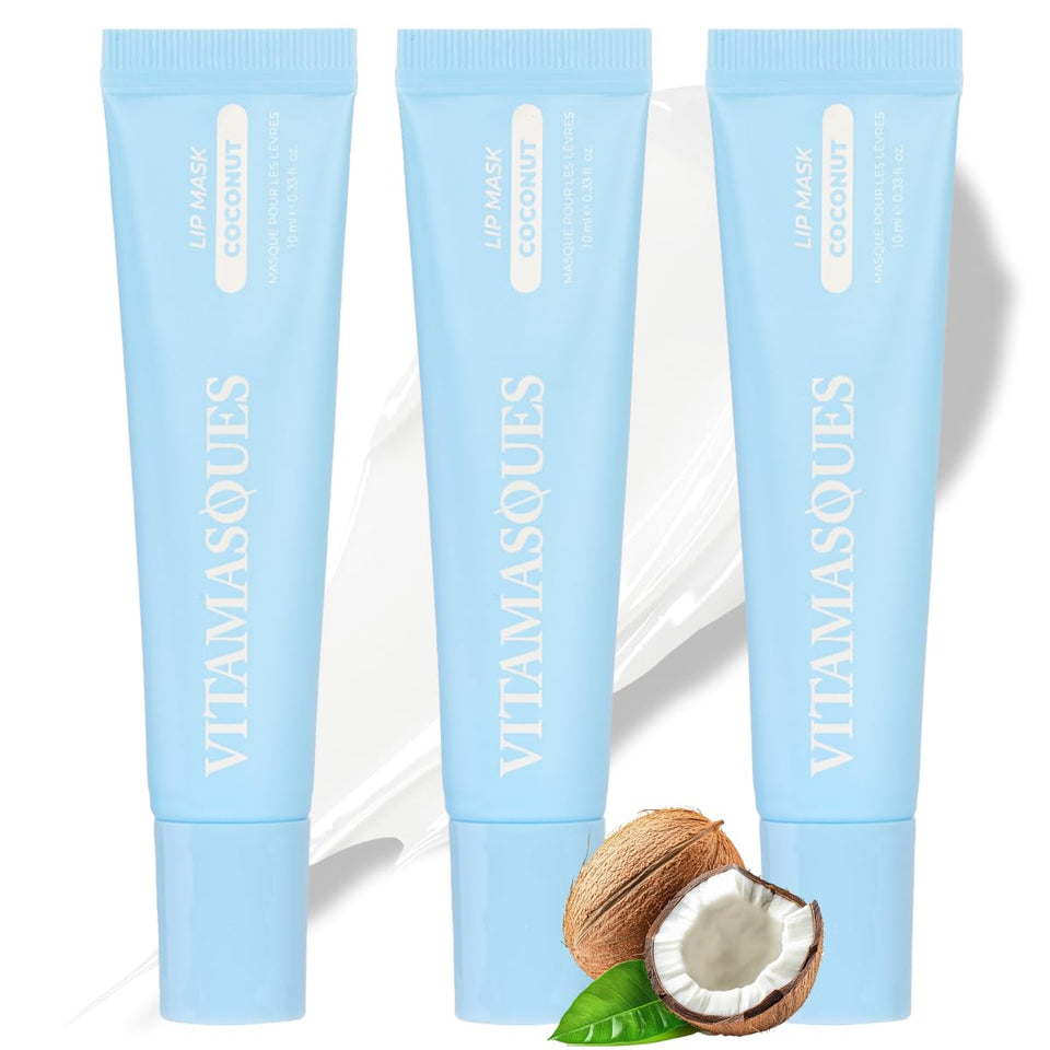 Vitamasques front packaging showing three hydrating lip mask tubes and benefit of deep moisture