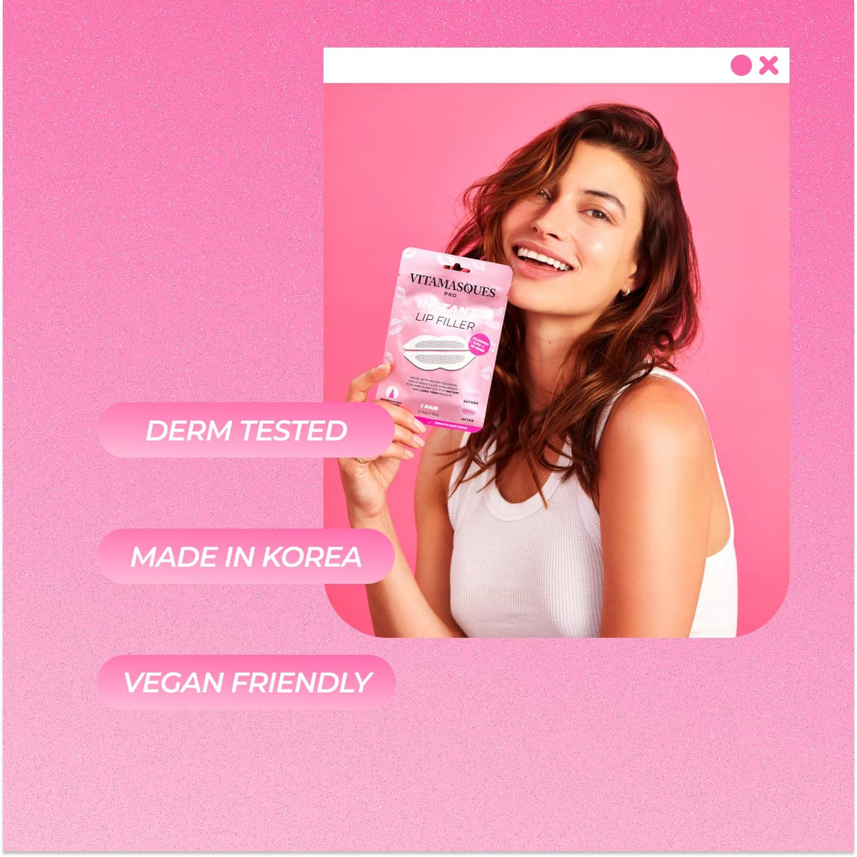 Vitamasques ingredient display with vegan collagen and hyaluronic benefits