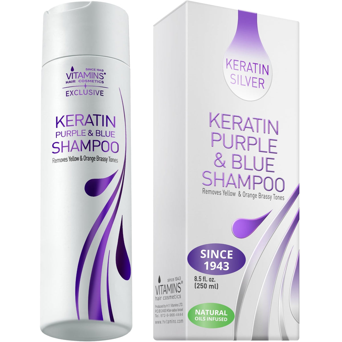 VITAMINS front bottle showing keratin purple shampoo for cool tones
