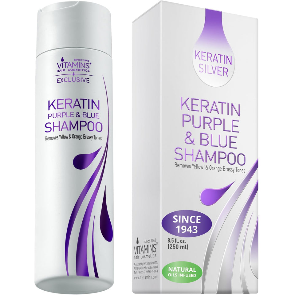 VITAMINS front bottle showing keratin purple shampoo for cool tones