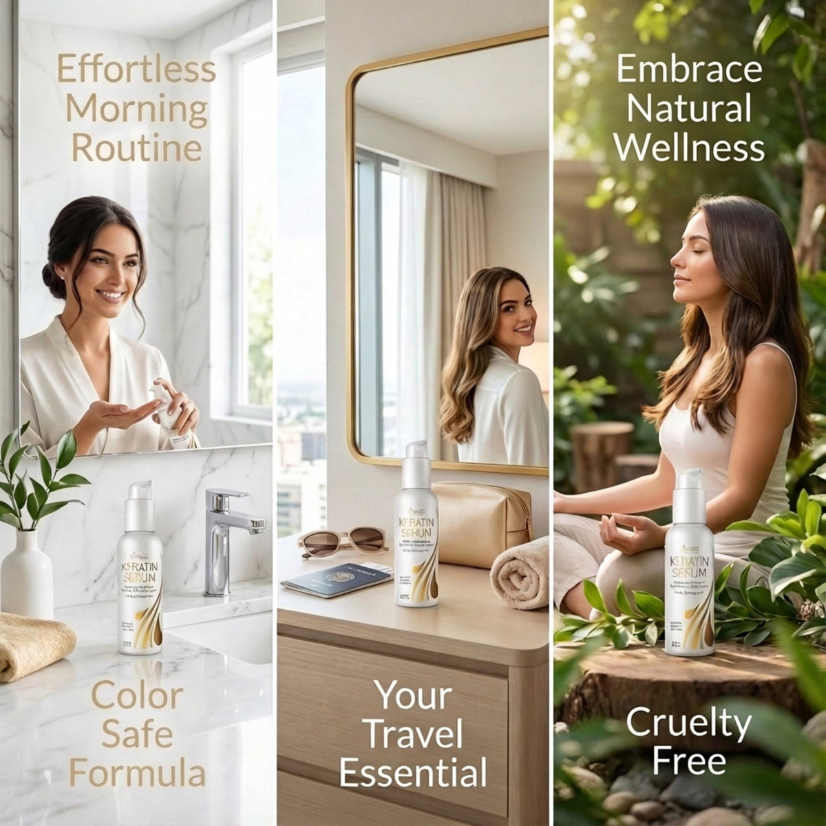 VITAMINS bottle on bathroom shelf suggesting everyday salon-quality routine