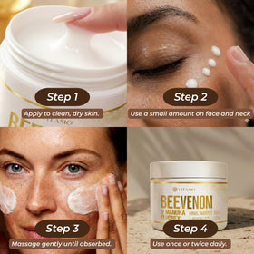 Vitamo product applied to face and neck demonstrating lifting and smoothing effect