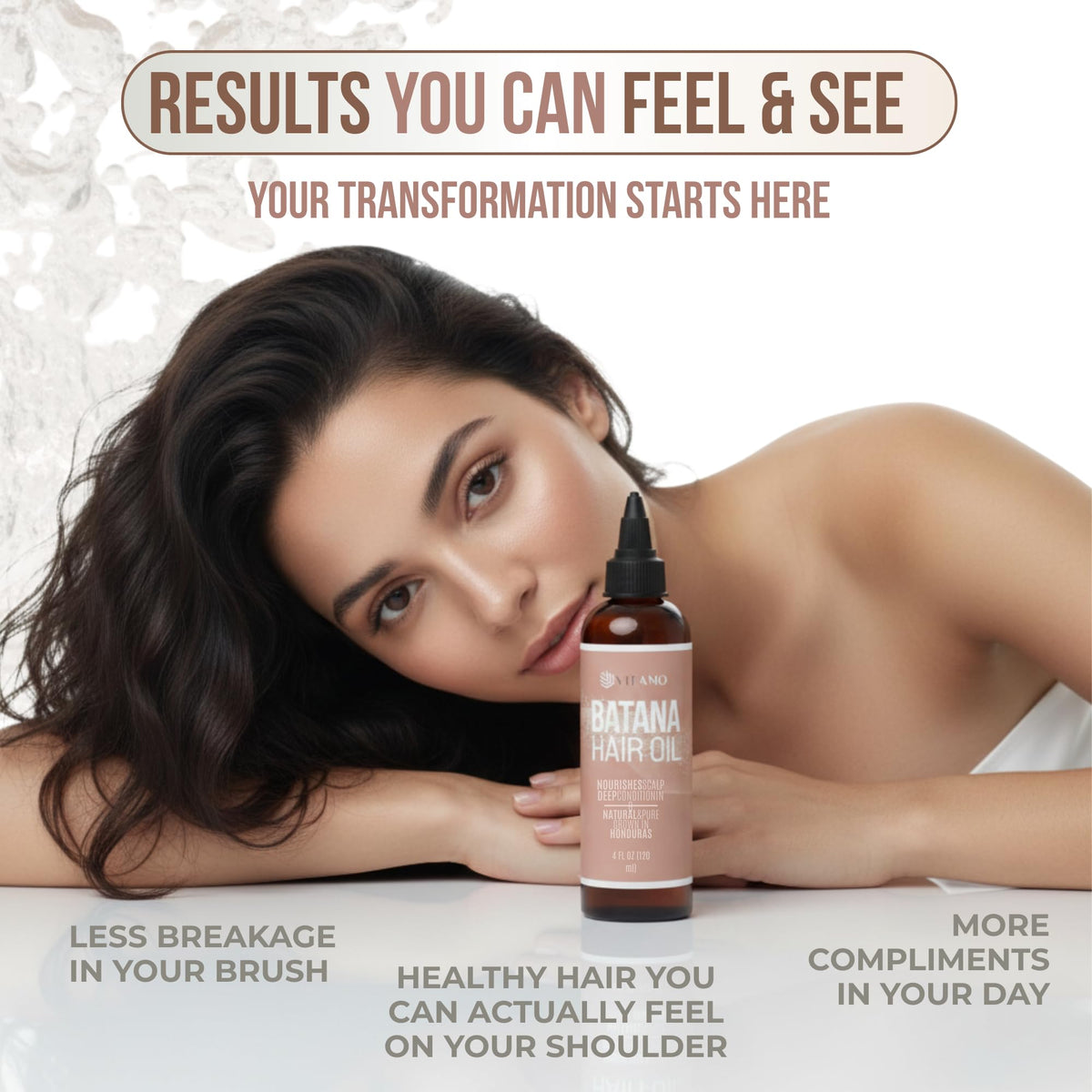 Vitamo before and after hair ends, highlights improved shine and smoother texture
