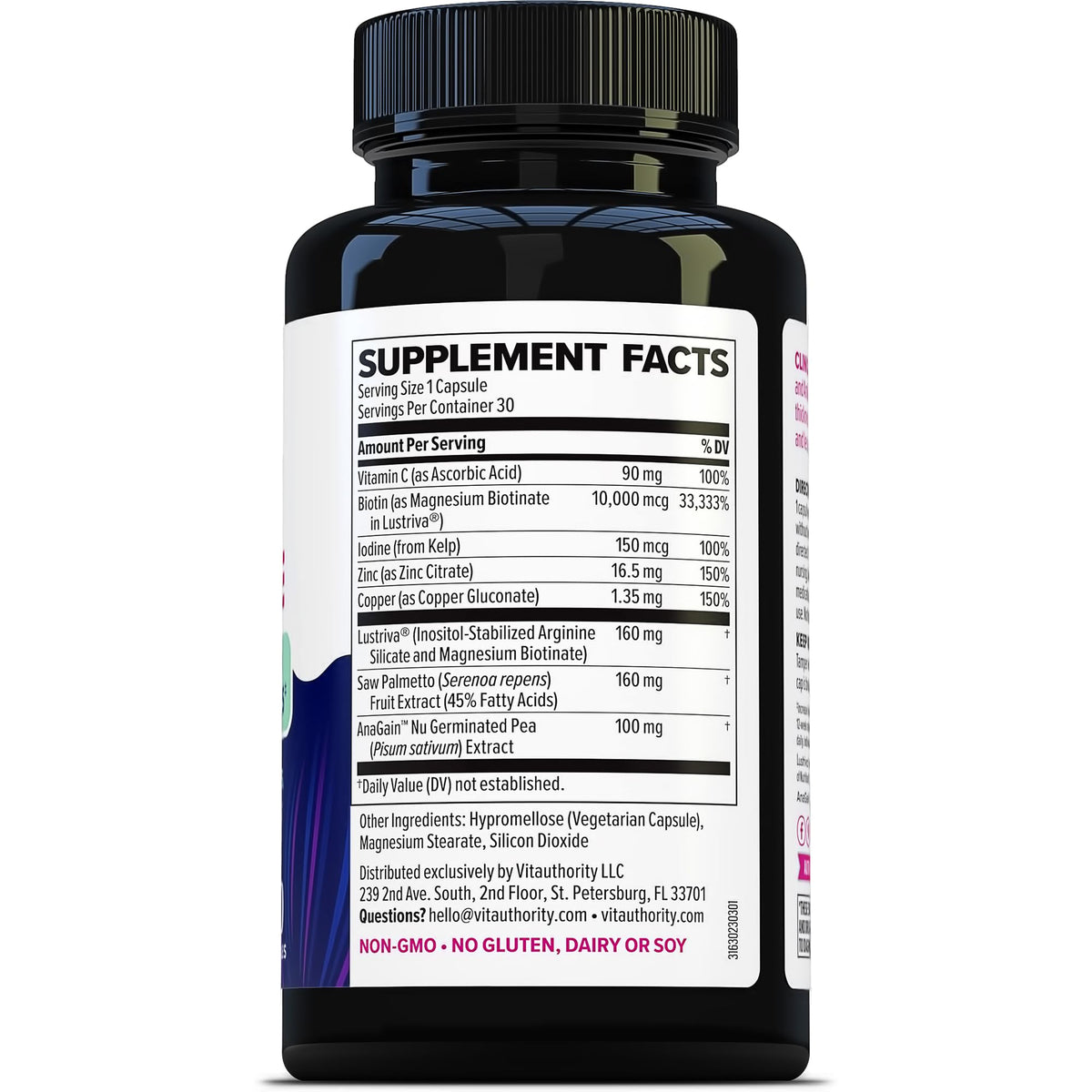 Close-up Vitauthority Lustriva label showing vitamin and mineral content