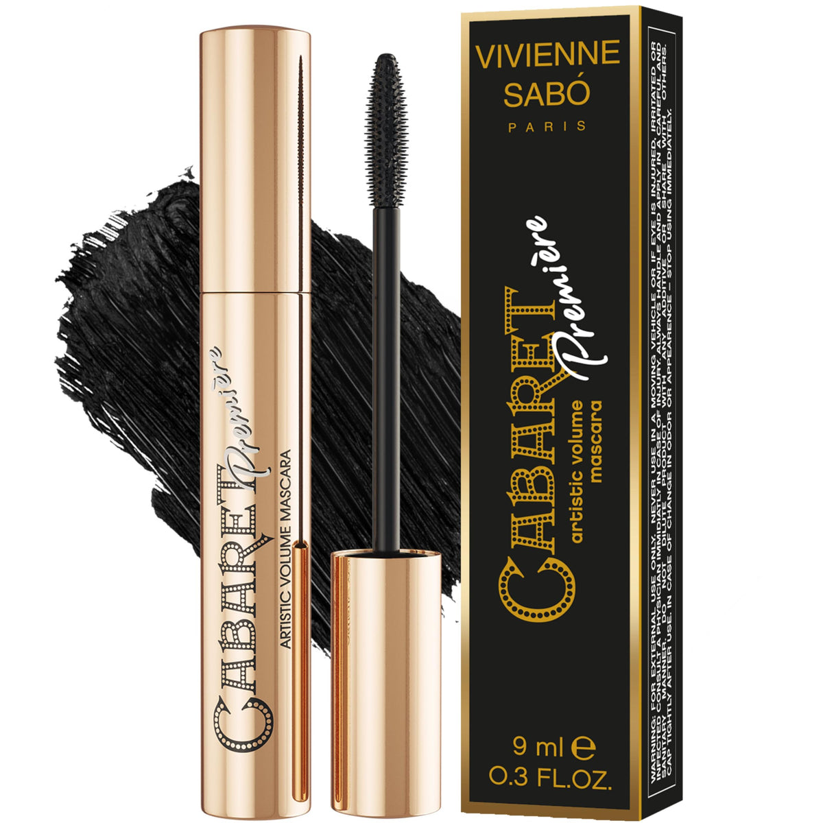 Vivienne Sabó front packaging showing sleek black tube and branding benefits