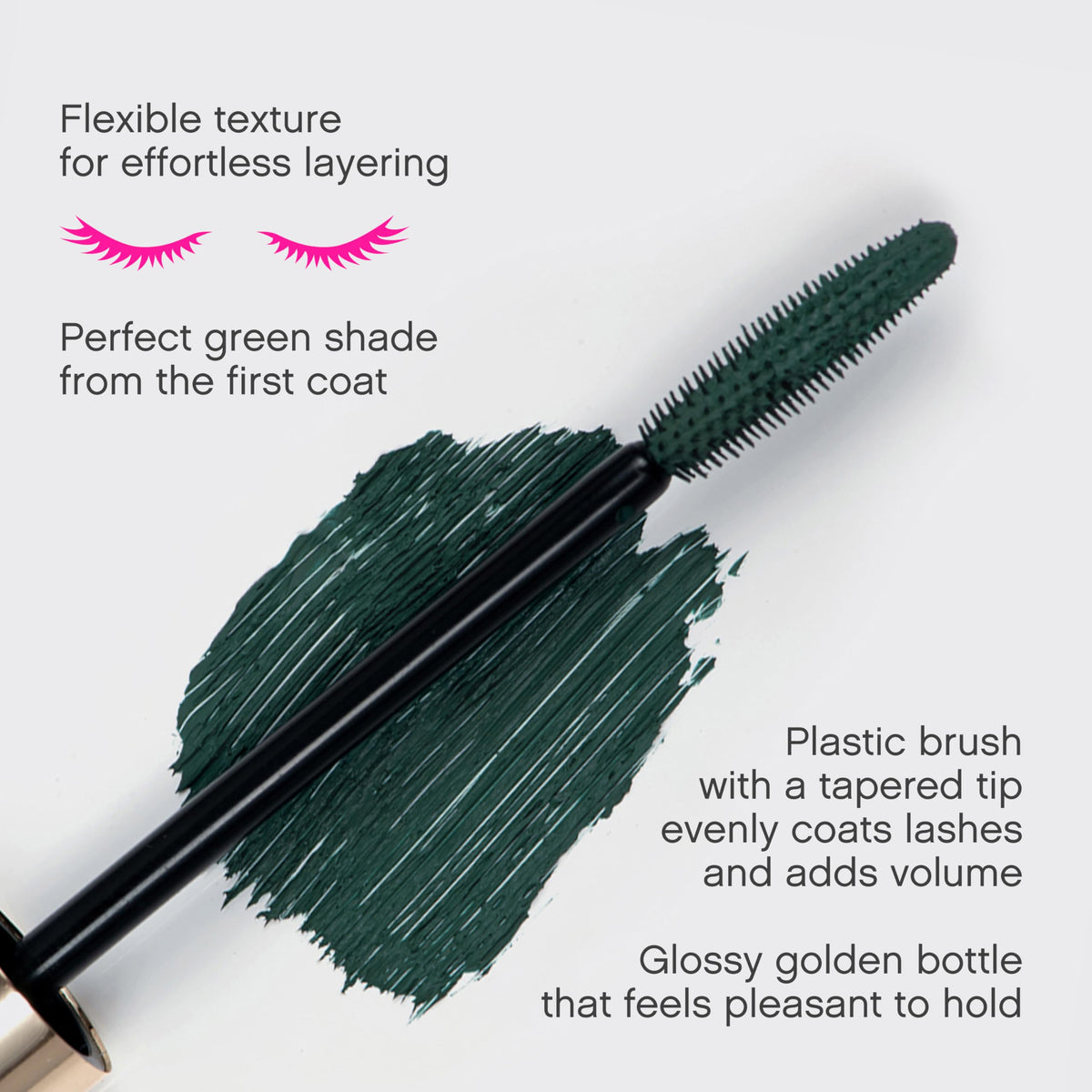 Vivienne Sabó texture swatch of green mascara showing smooth, buildable pigment