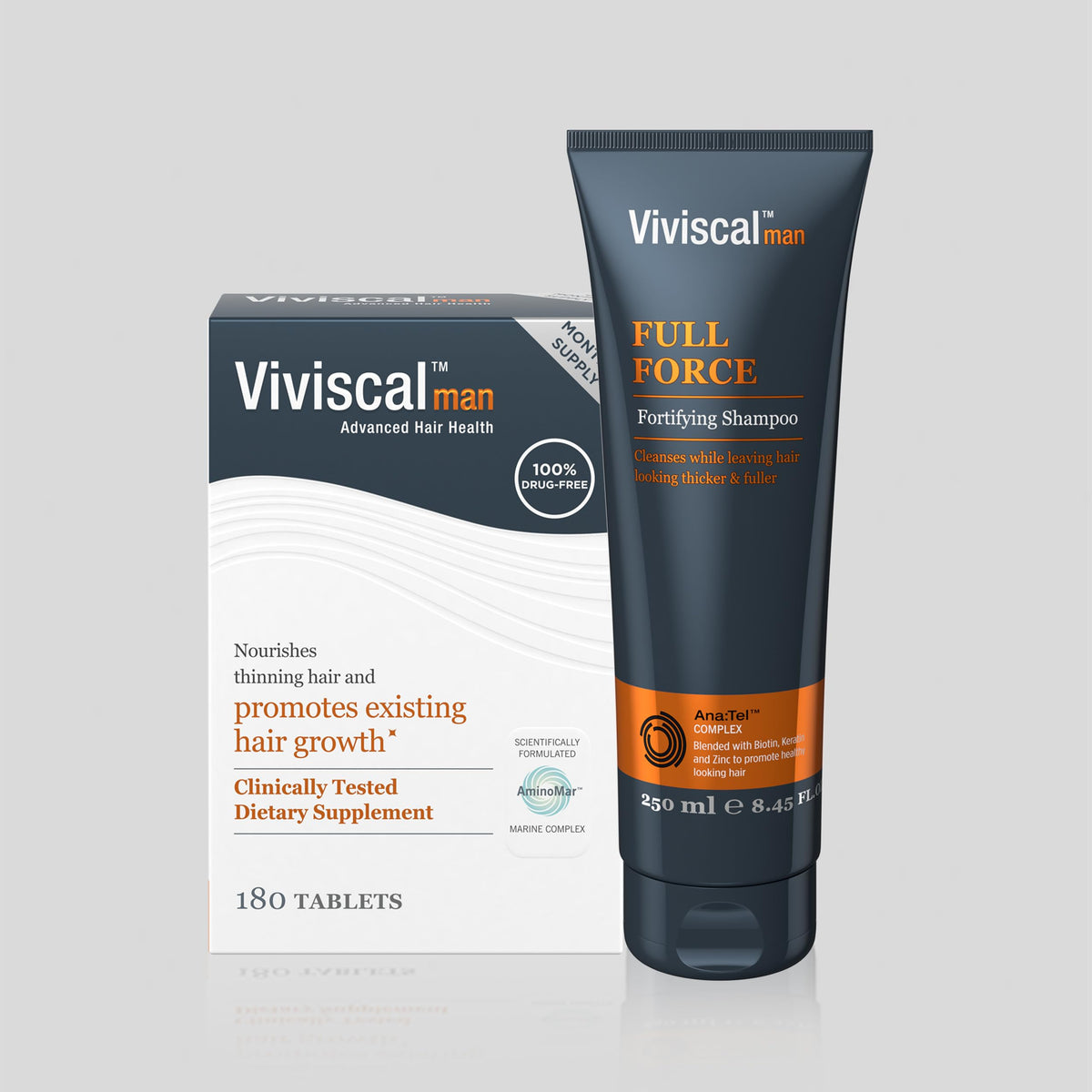 Bathroom shelf with Viviscal tablets and thickening shampoo for routine
