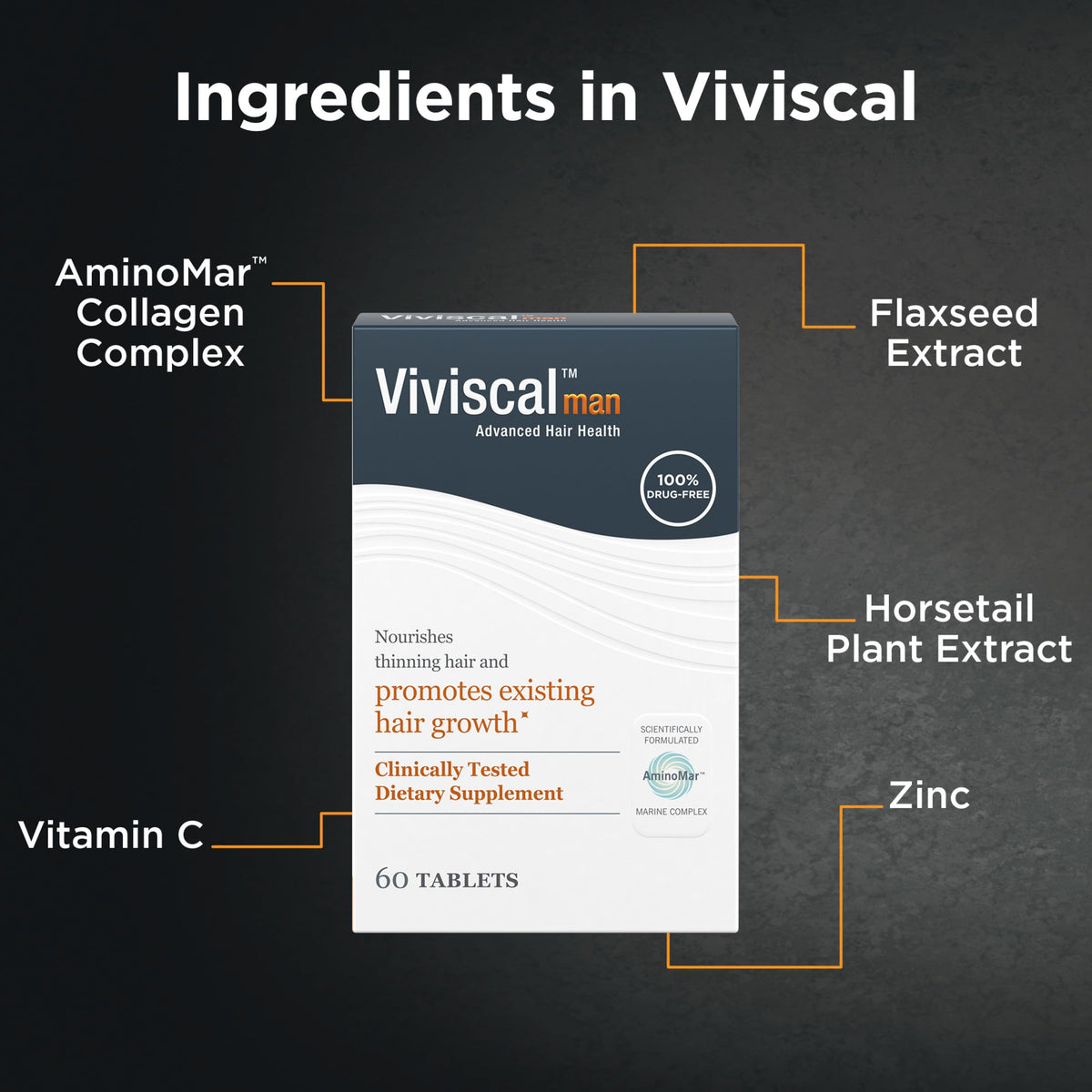 Open Viviscal bottle with tablets visible showing brand and daily dosage benefit