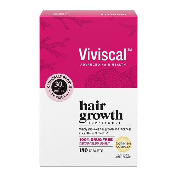 Viviscal front packaging showing the 180-tablet bottle and clear labeling benefit