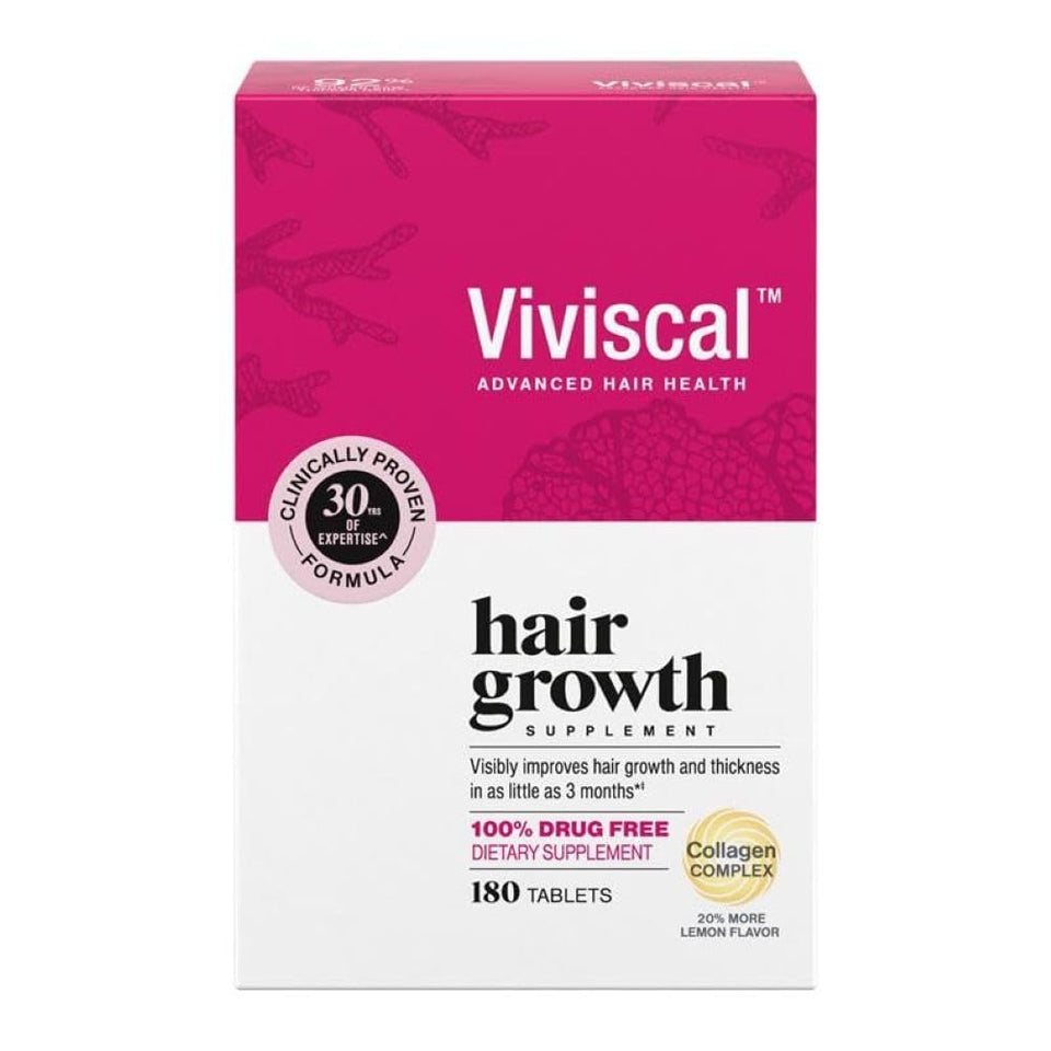 Viviscal front packaging showing the 180-tablet bottle and clear labeling benefit