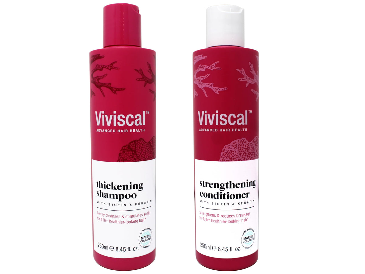 Viviscal duo styled on a bathroom shelf showing everyday routine appeal and convenience
