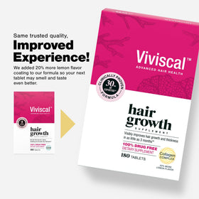 Viviscal tablet close-up highlighting tablet texture and easy daily dosing benefit