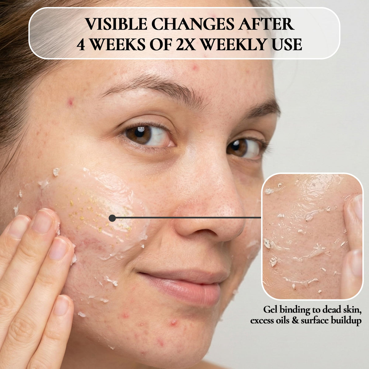 Vivo Per Lei gel applied on face demonstrating gentle massage and visible clumping action