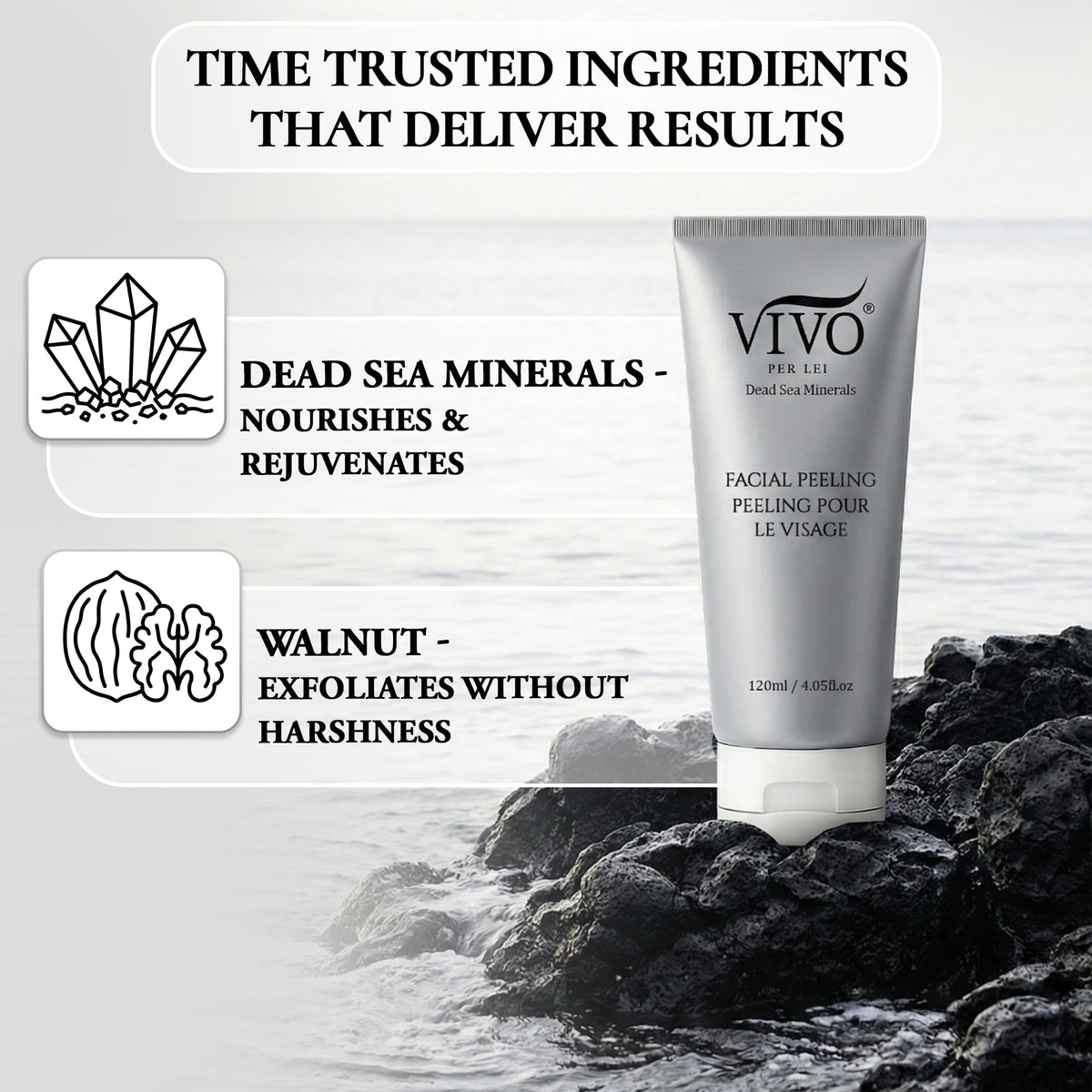 Vivo Per Lei clumping action on skin displaying how product lifts away buildup effectively