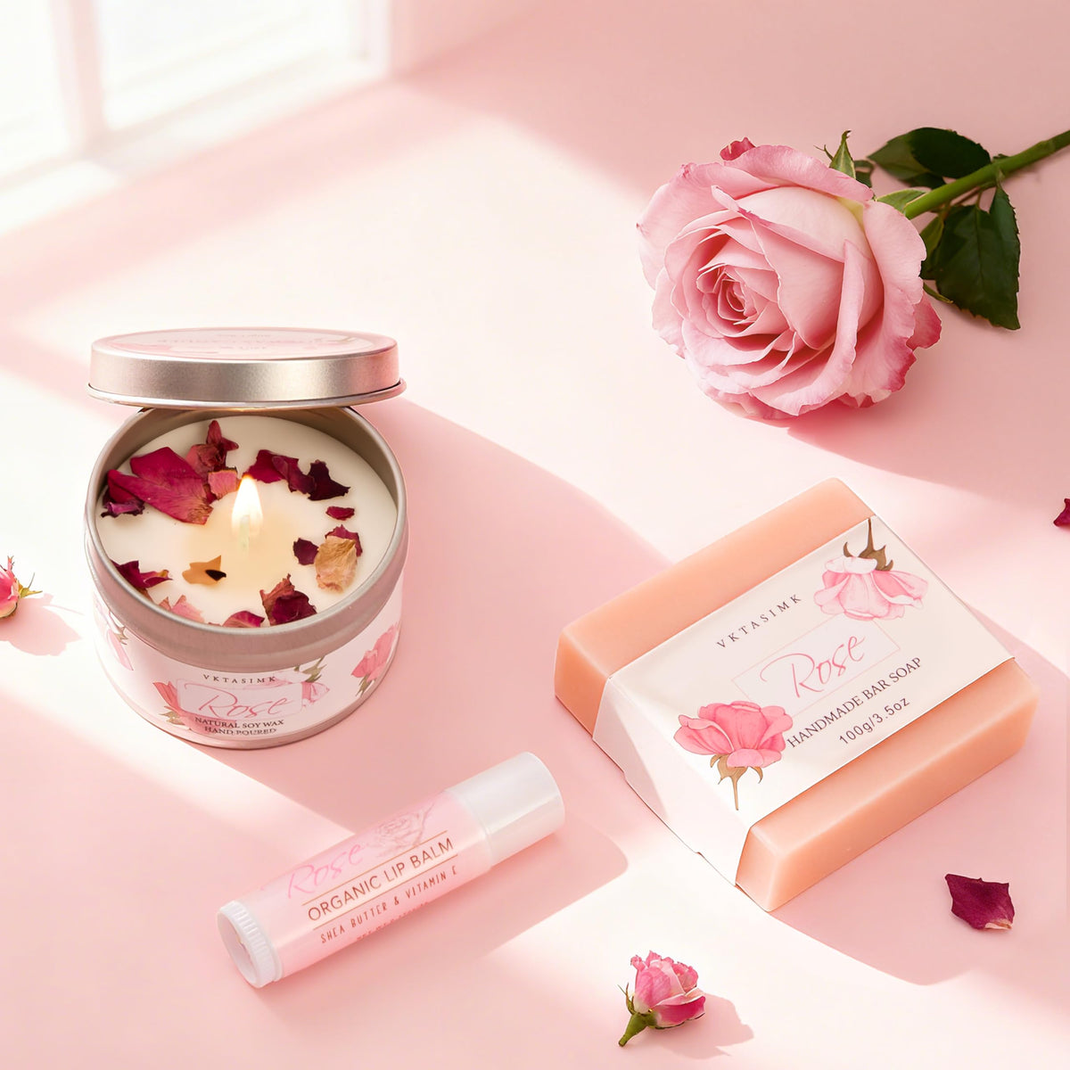 VKTASIMK gift basket staged in bathroom to show at-home spa enjoyment