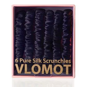 VLOMOT front packaging of six black silk scrunchies shows set and durability