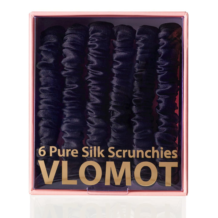 VLOMOT front packaging of six black silk scrunchies shows set and durability