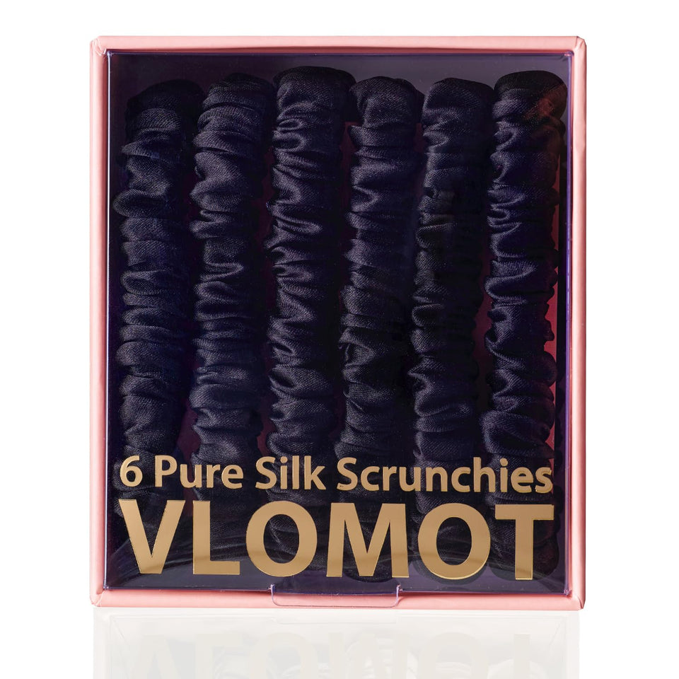VLOMOT front packaging of six black silk scrunchies shows set and durability