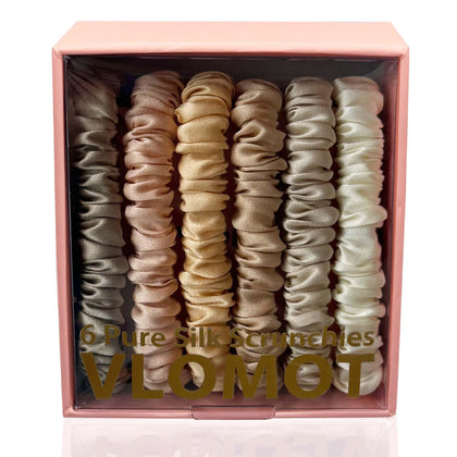 VLOMOT front packaging showing Champagne scrunchie and set benefits