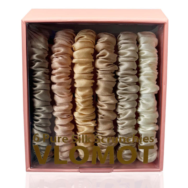 VLOMOT front packaging showing Champagne scrunchie and set benefits