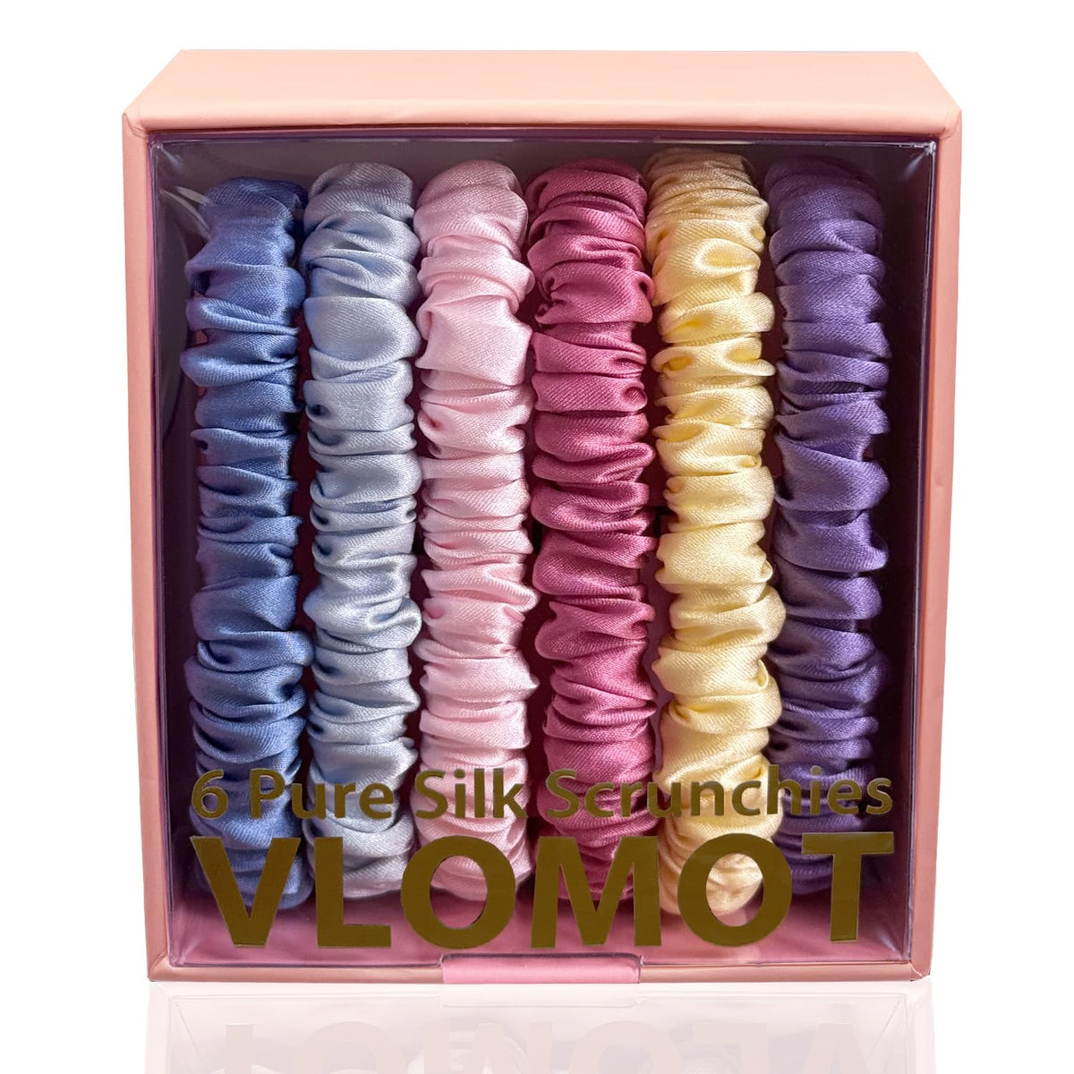 VLOMOT front packaging showing six pastel silk scrunchies and brand