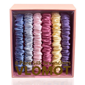 VLOMOT front packaging showing six pastel silk scrunchies and brand
