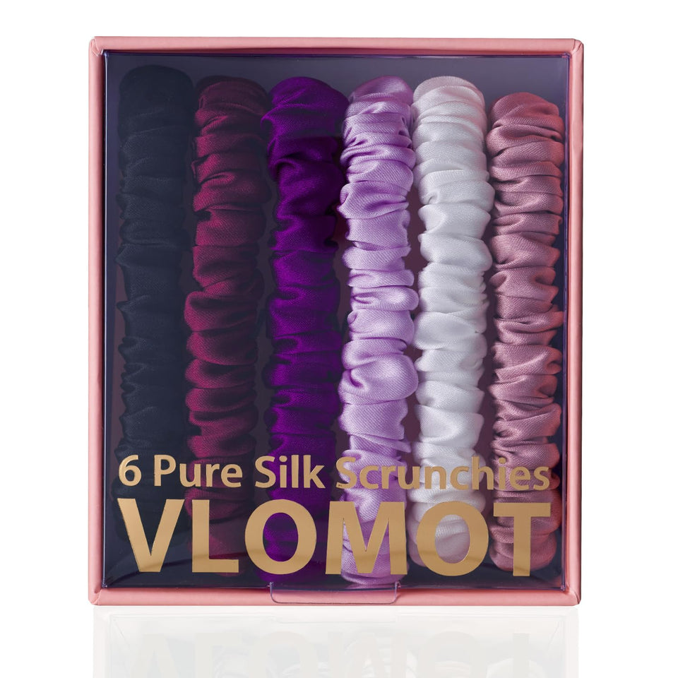VLOMOT front packaging showing six silk scrunchies and convenient set benefits