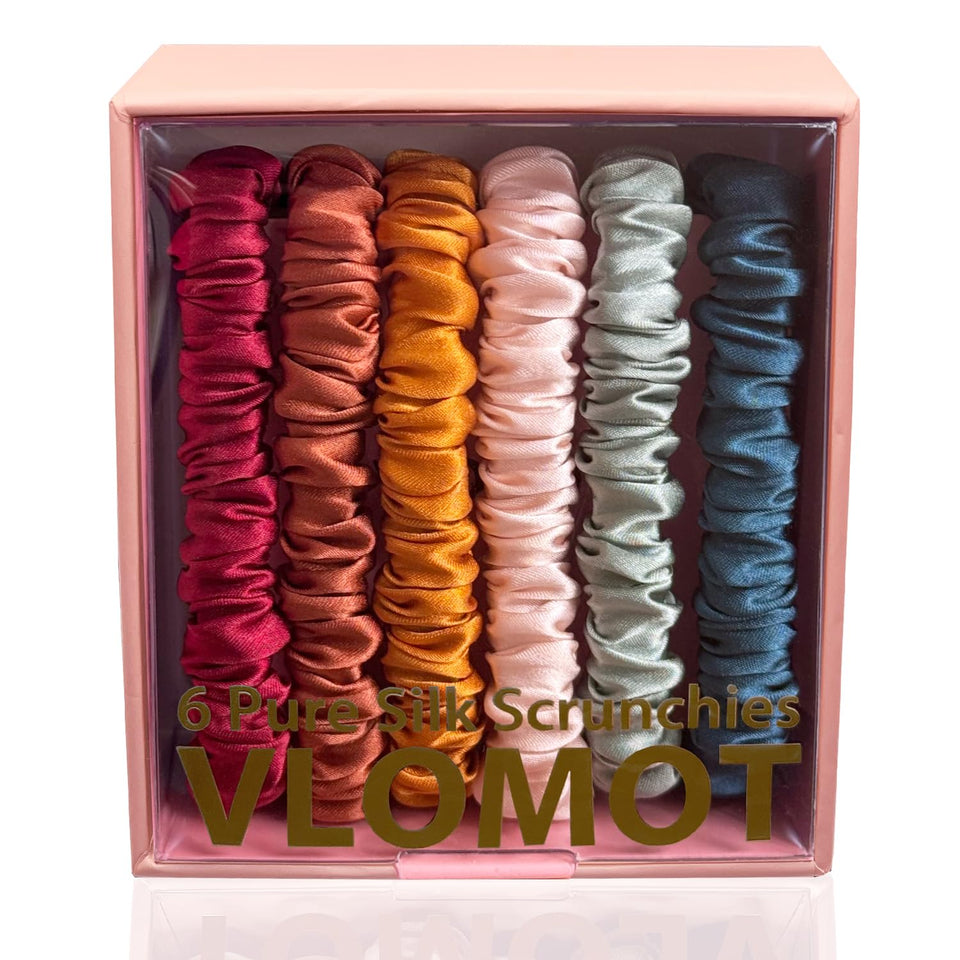 VLOMOT front packaging showing six silk scrunchies and vintage colors for easy selection