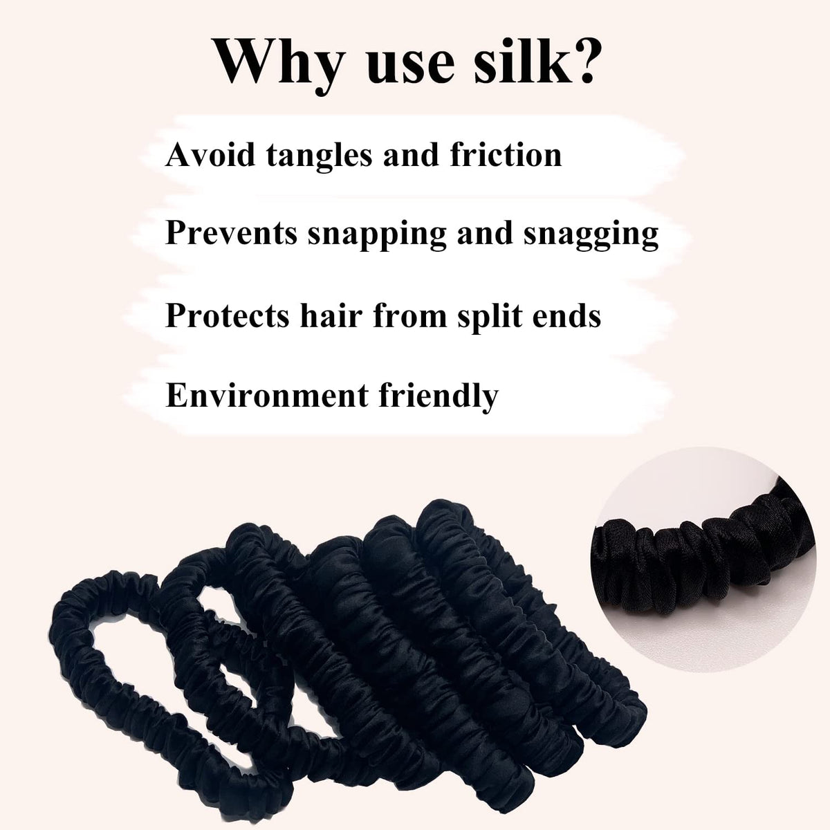 VLOMOT black silk scrunchie holding a ponytail for gentle, secure hold