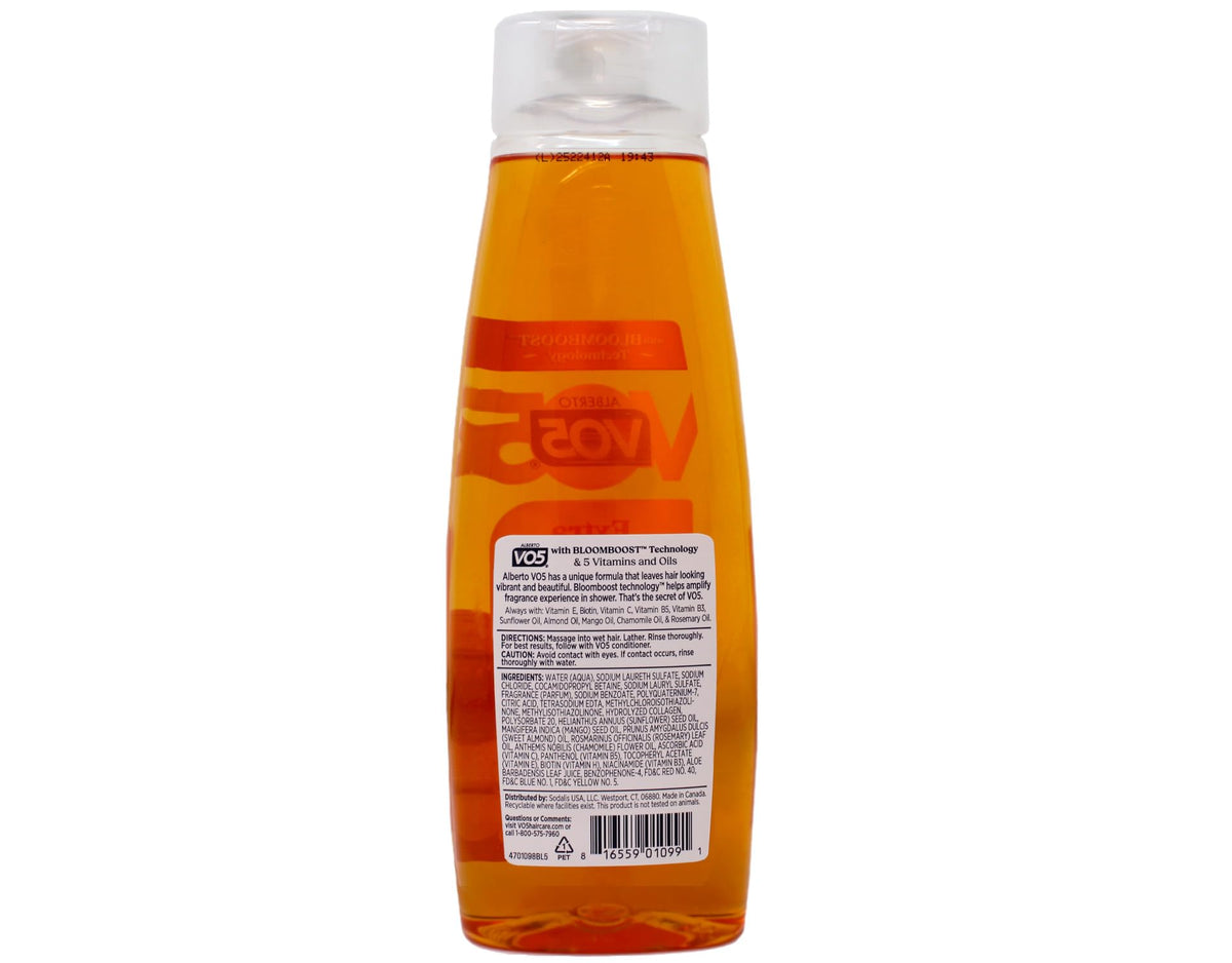 VO5 extra body closeup label highlighting pro-vitamin complex for visible shine