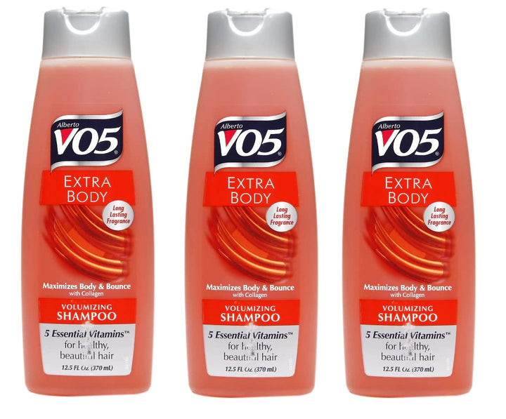 VO5 front packaging showing bottle label and pack benefits for fuller hair