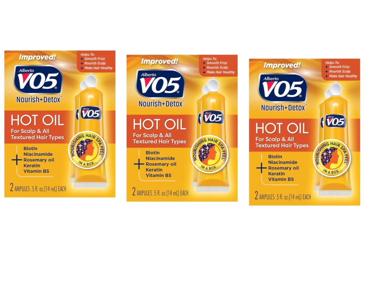 VO5 front packaging showing two 0.5 oz hot oil vials and brand benefits